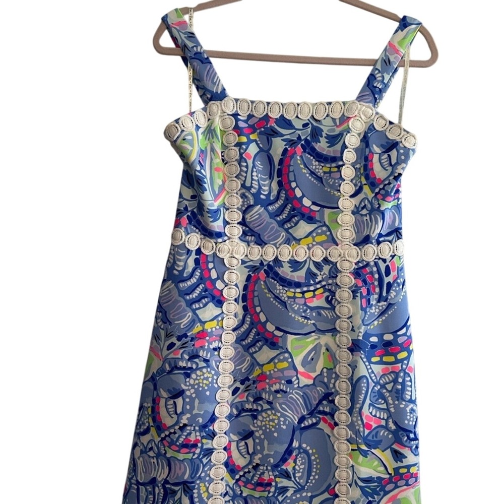 Lilly Pulitzer Elephants Print Square Neck A Line Dress Size‎ 6 Blue White Pink - Picture 2 of 11